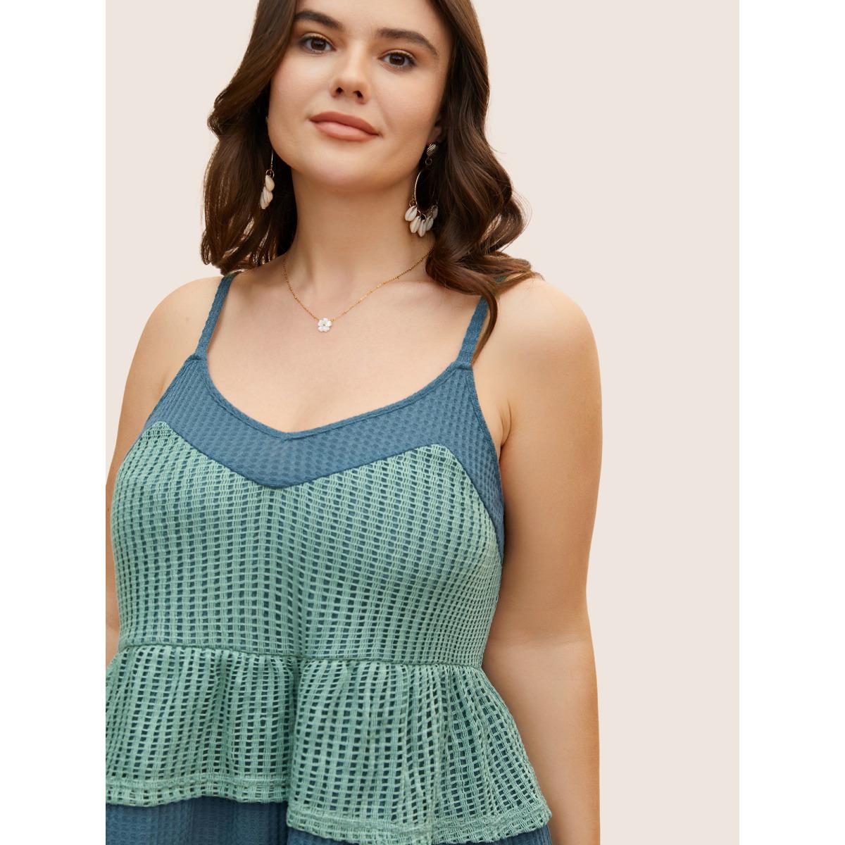 Plus Size Patchwork Contrast Waffle Knit Cami Top Women Cyan Resort Texture V-neck Vacation Tank Tops Camis BloomChic 28/5X Product Image