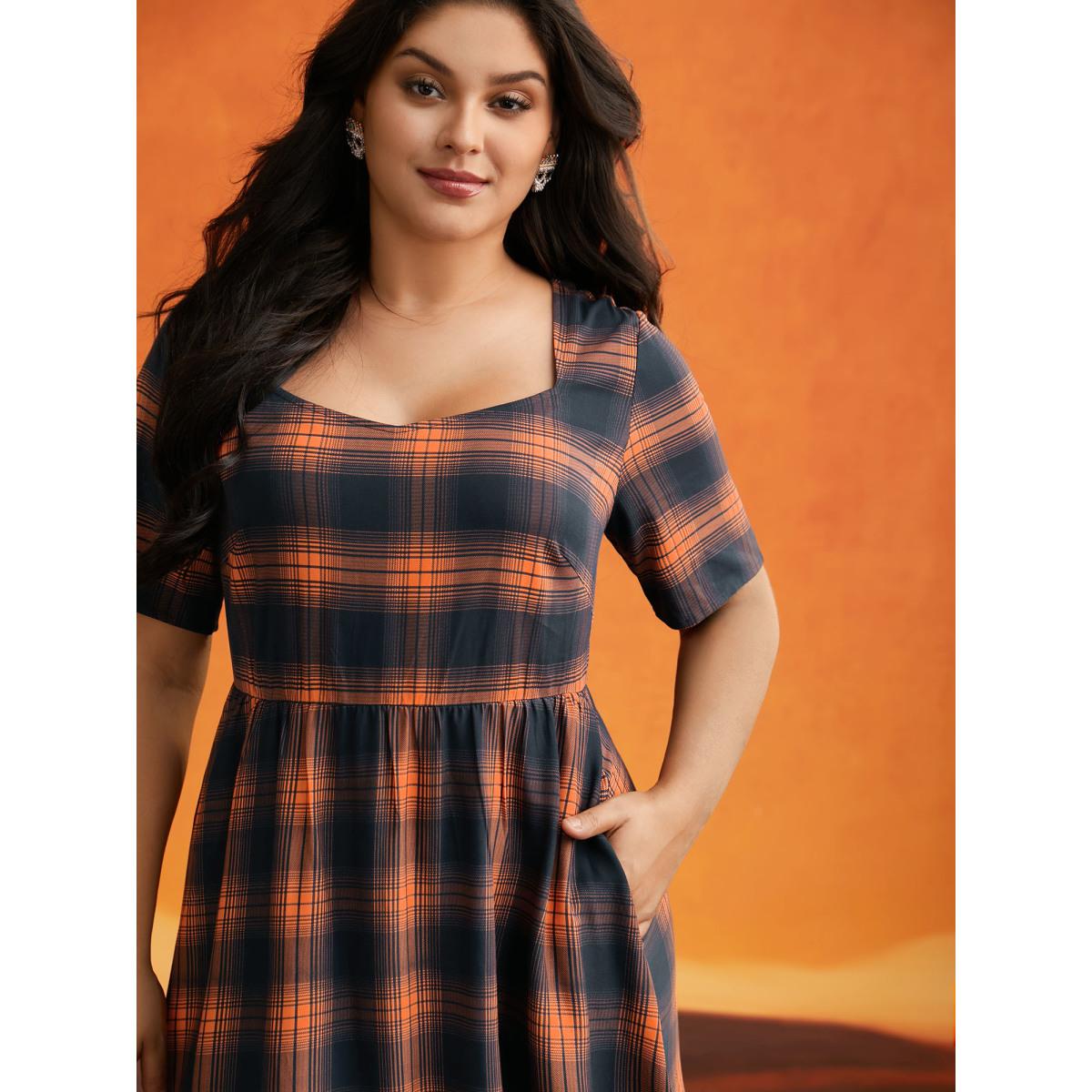 Plus Size Stretchy Plaid Contrast Splicing Midi Dress Brightorange Women Cocktail Non Party Curvy Bloomchic 18-20/2X Product Image