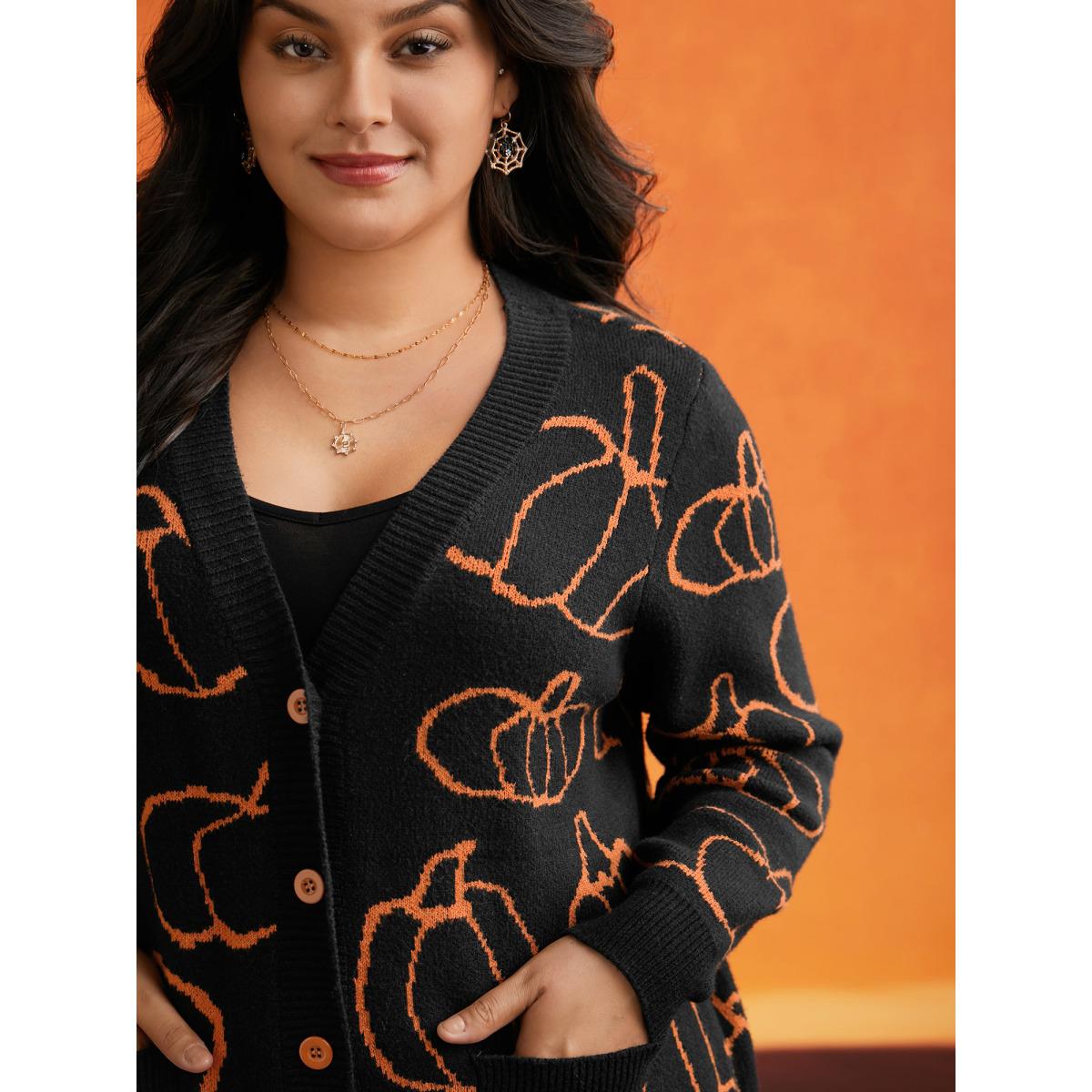 Plus Size Supersoft Essentials Pumpkin Printed Open Cardigan Black Women Casual Loose Long Sleeve Everyday Cardigans BloomChic 18-20/2X Product Image