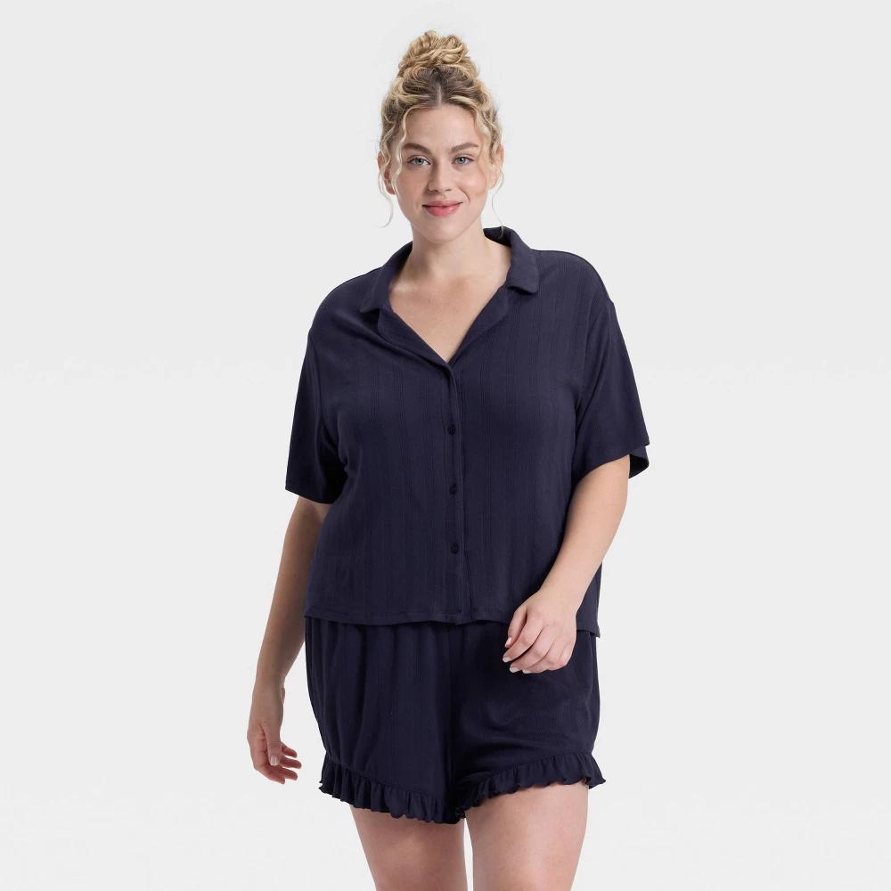 Women's Pointelle Notch Collar Shirt and Shorts Pajama Set - Wild Fable™ Navy M Product Image