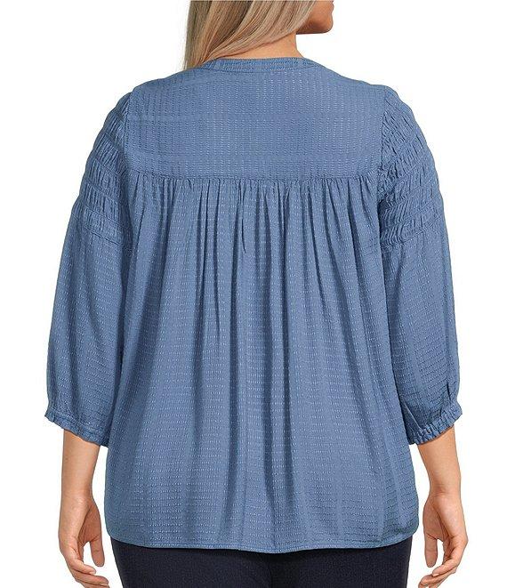 Intro Plus Size Crinkle Gauze Crew Neck 3/4 Sleeve Smocked Romantic Button Front Blouse Product Image