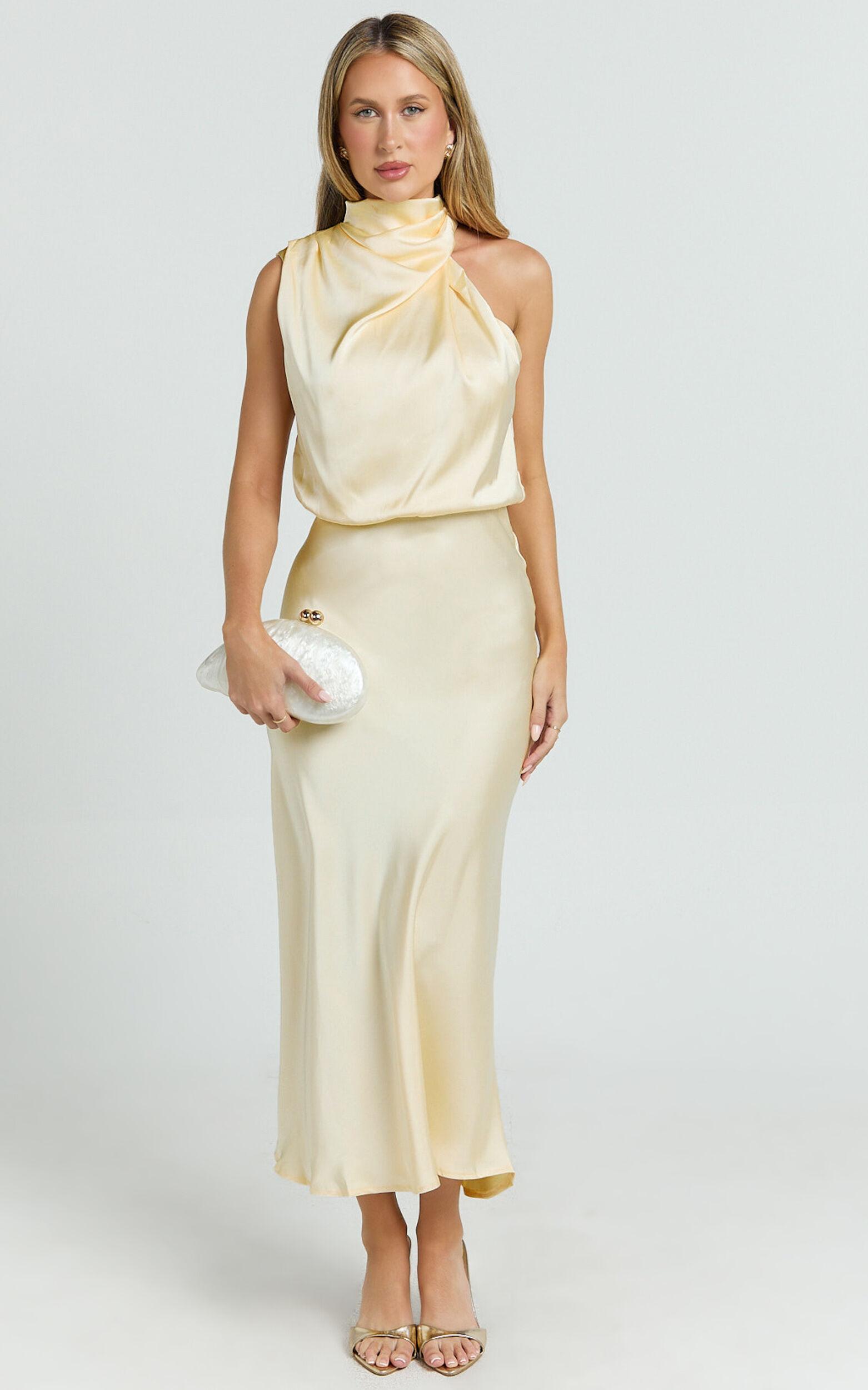 Minnie Midi Dress - Drape Neck Satin Slip Dress in Butter Yellow Product Image