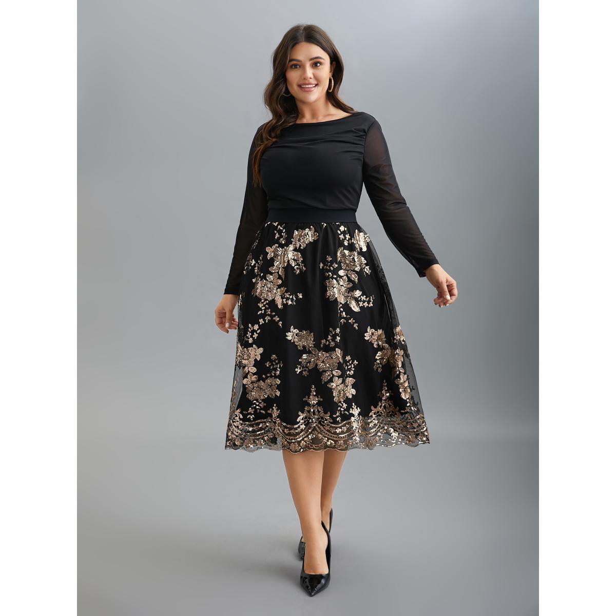 Plus Size Sequin Floral Stretchy Waist Skirt Women Black Cocktail No stretch Party Skirts BloomChic 26/4X Product Image