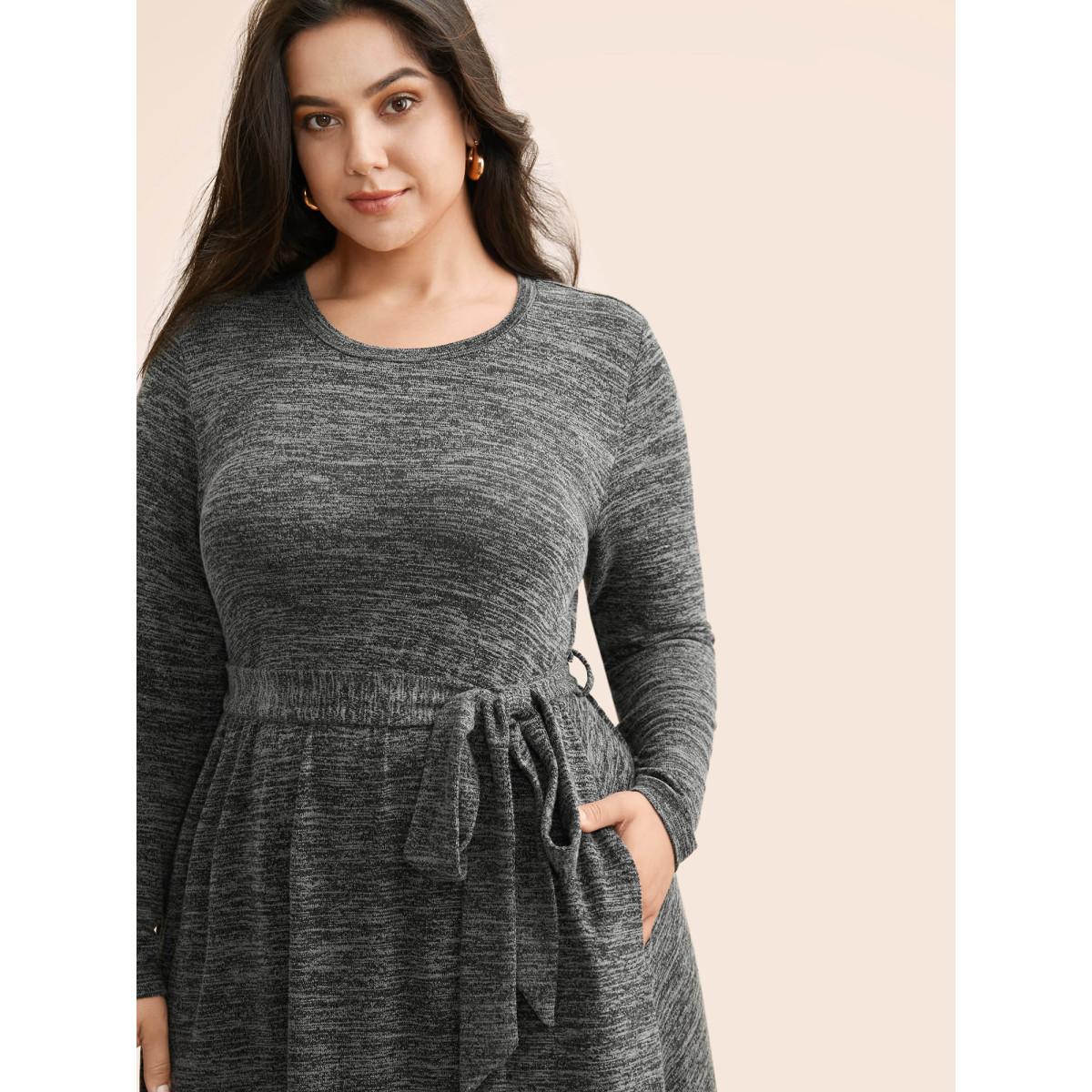 Plus Size Round Neck Heather Belted Dress DimGray Women Leisure Texture Round Neck Long Sleeve Curvy BloomChic 28/5X Product Image