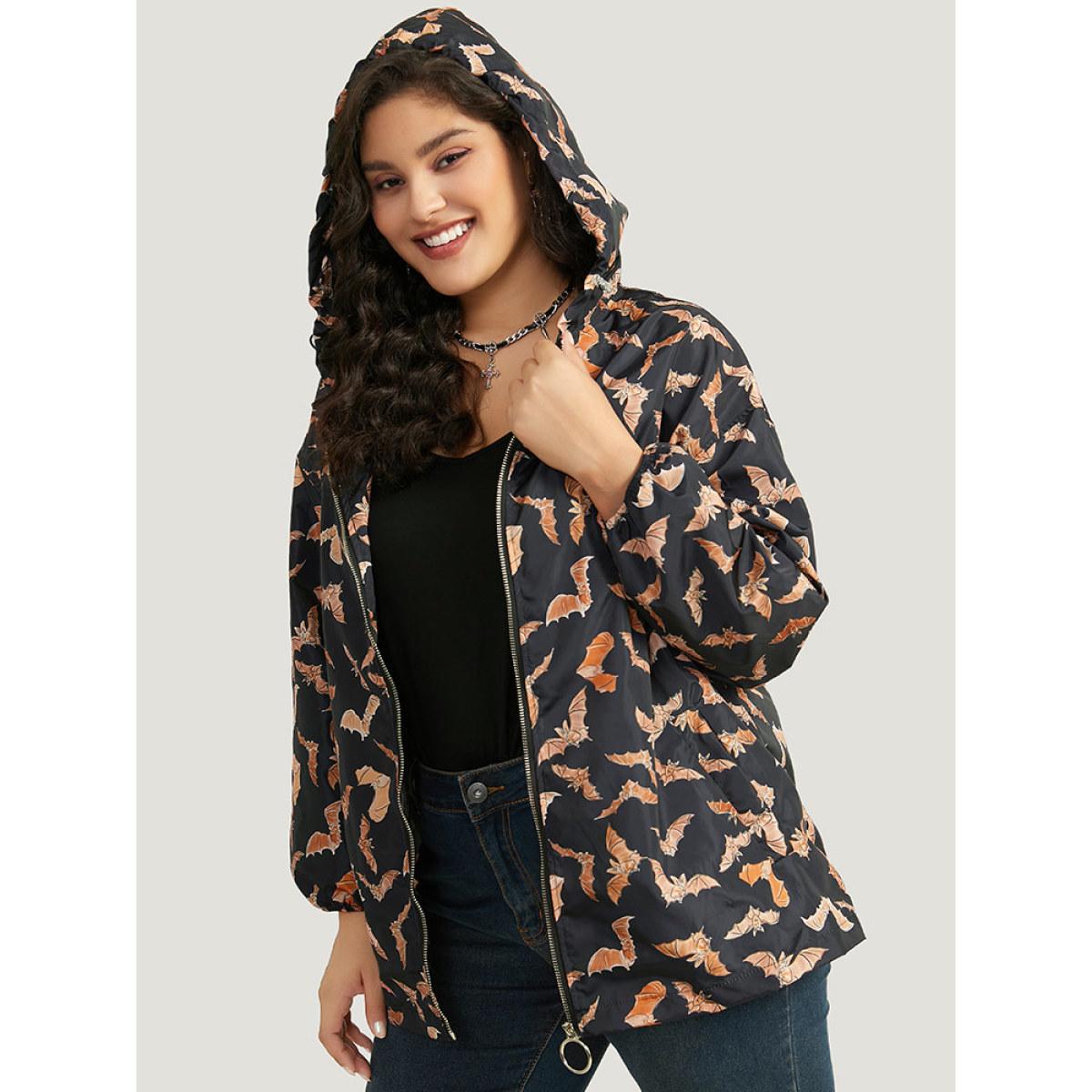 Plus Size Halloween Bat Pattern Zipper Fly Hooded Coat Women Black Elastic cuffs Pocket Dailywear Jackets BloomChic 26/4X Product Image