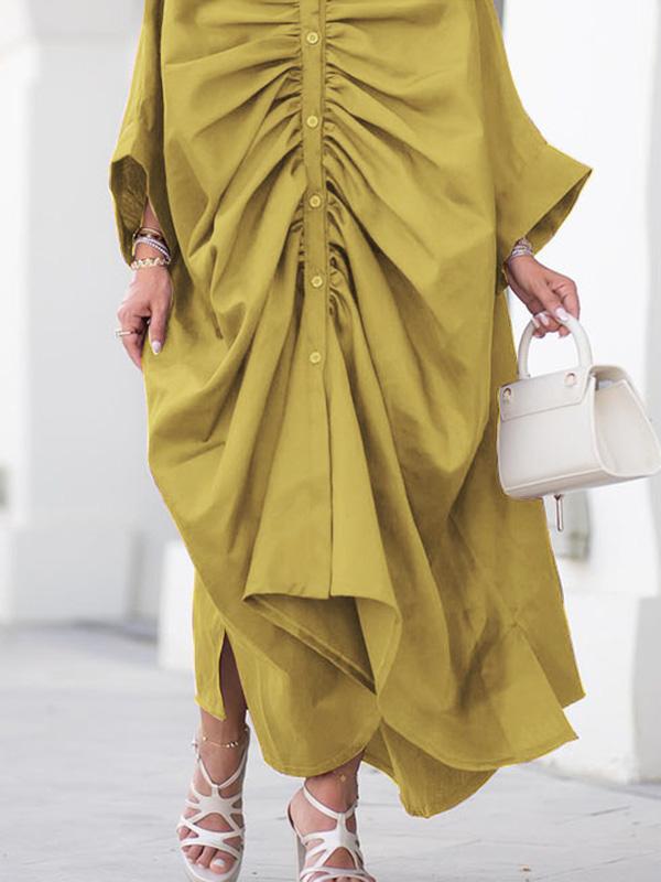 Long Sleeves Loose Buttoned Pleated Solid Color Lapel Maxi Dresses Shirt Dress Product Image