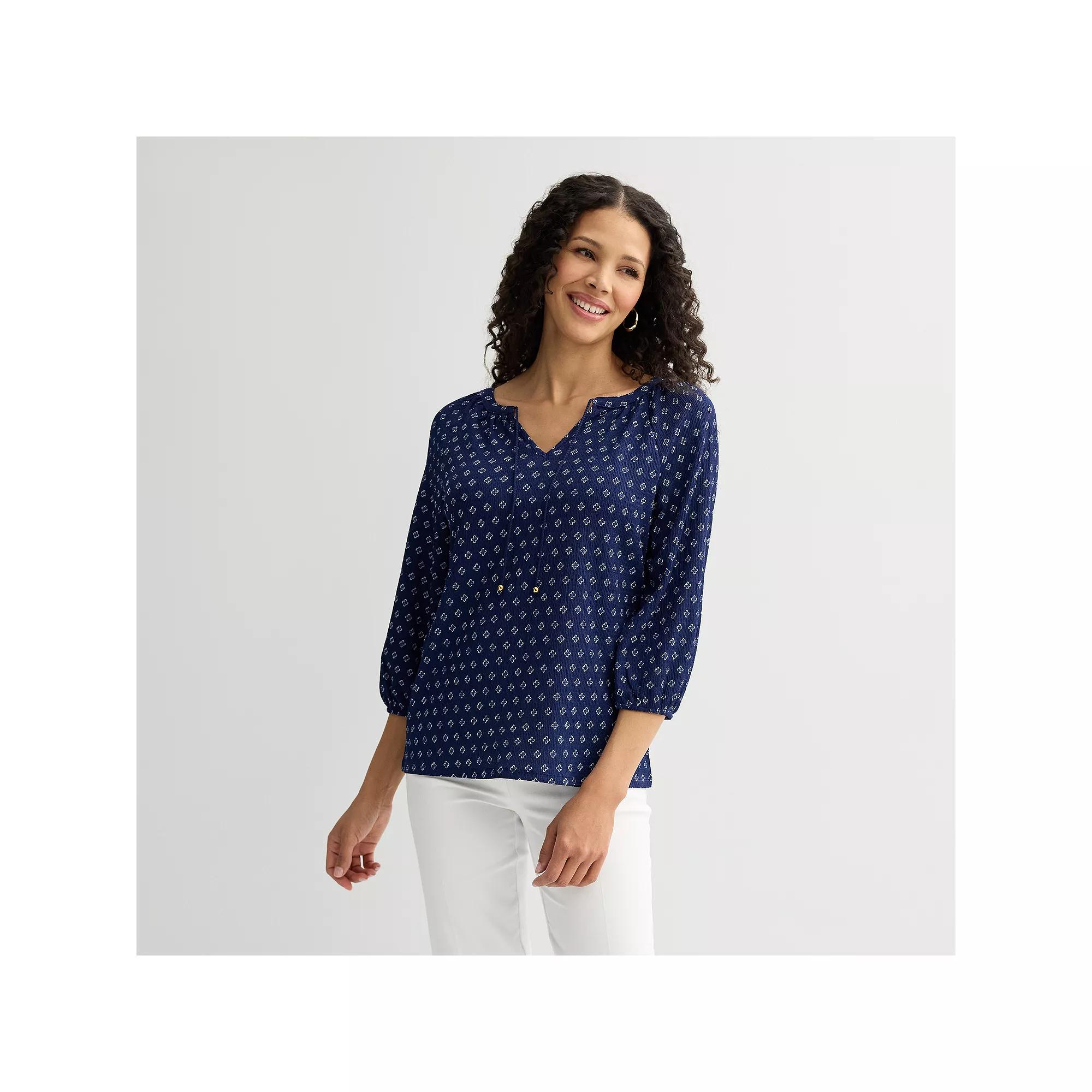 Women's Croft & Barrow® 3/4-Sleeve Peasant Top, Size: XS, Blue Lattice Geo Product Image