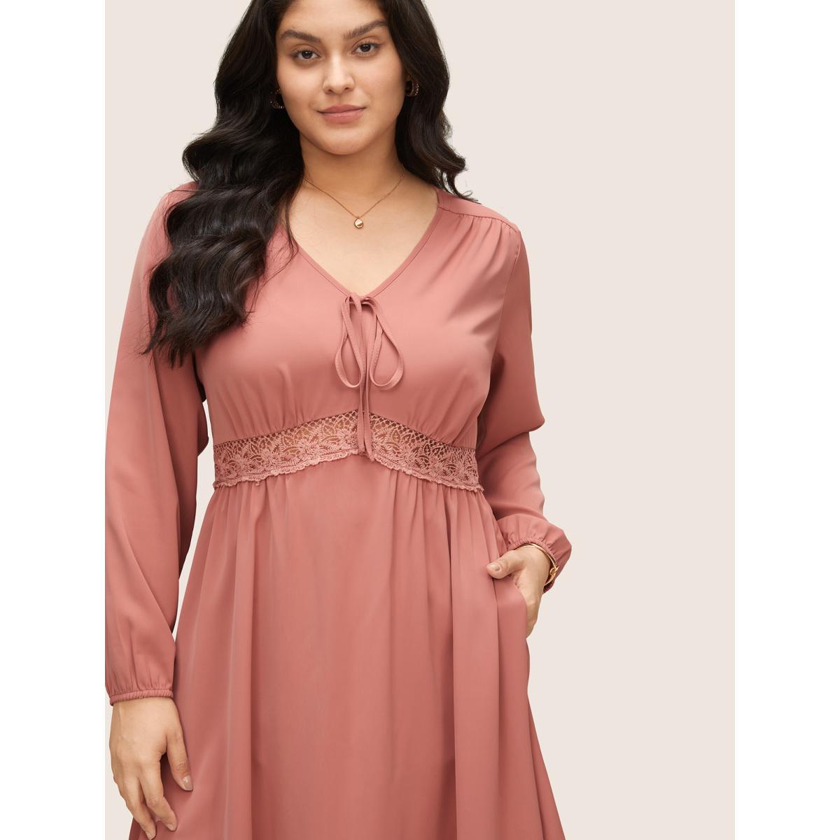 Plus Size Lace Insert Pocket Bowknot Hollow Out Dress DustyPink Women Elegant Elastic cuffs V-neck Long Sleeve Curvy Midi Dress BloomChic 18-20/2X Product Image