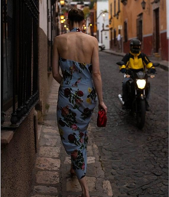 Damaris Bailey Helena Rose Print Halter Neck Sleeveless Sheath Wrap Midi Dress Product Image