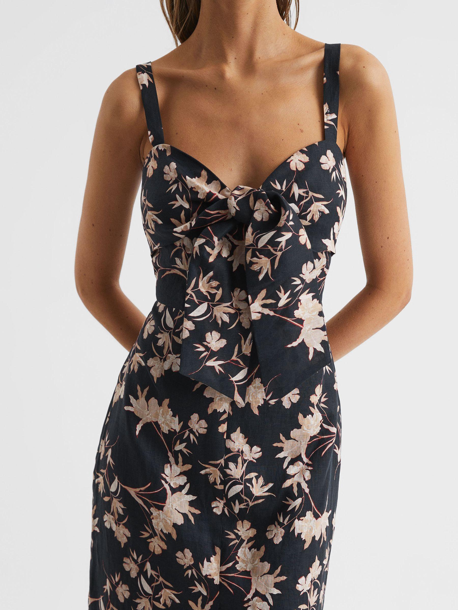 Floral Print Linen Midi Dress in Black/Blush Product Image