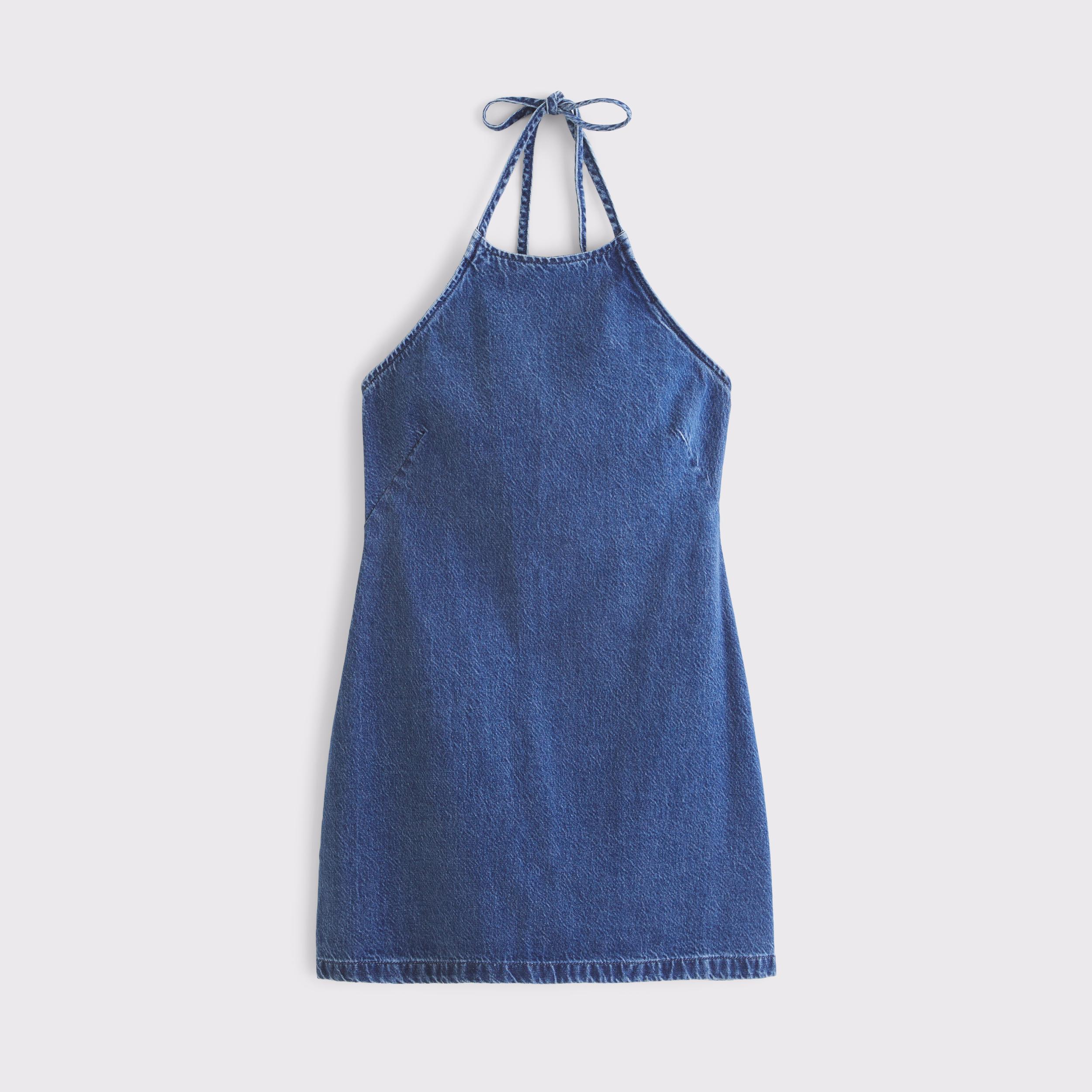 Open-Back Halter Denim Mini Dress Product Image