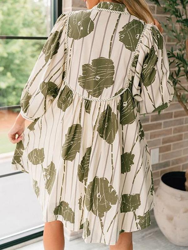 High Waisted Long Sleeves Printed Tied V-Neck Mini Dresses Product Image