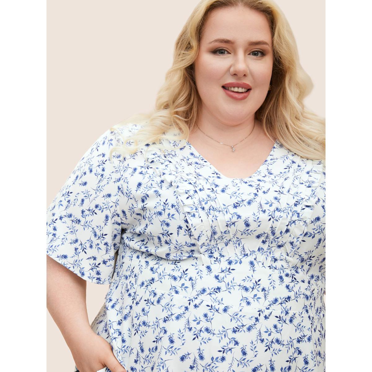Plus Size Ivory Floral Pleated Elastic Waist Ruffle Sleeve Blouse Women Timeless Half Sleeve V-neck Elegant Blouses BloomChic 18-20/2X Product Image