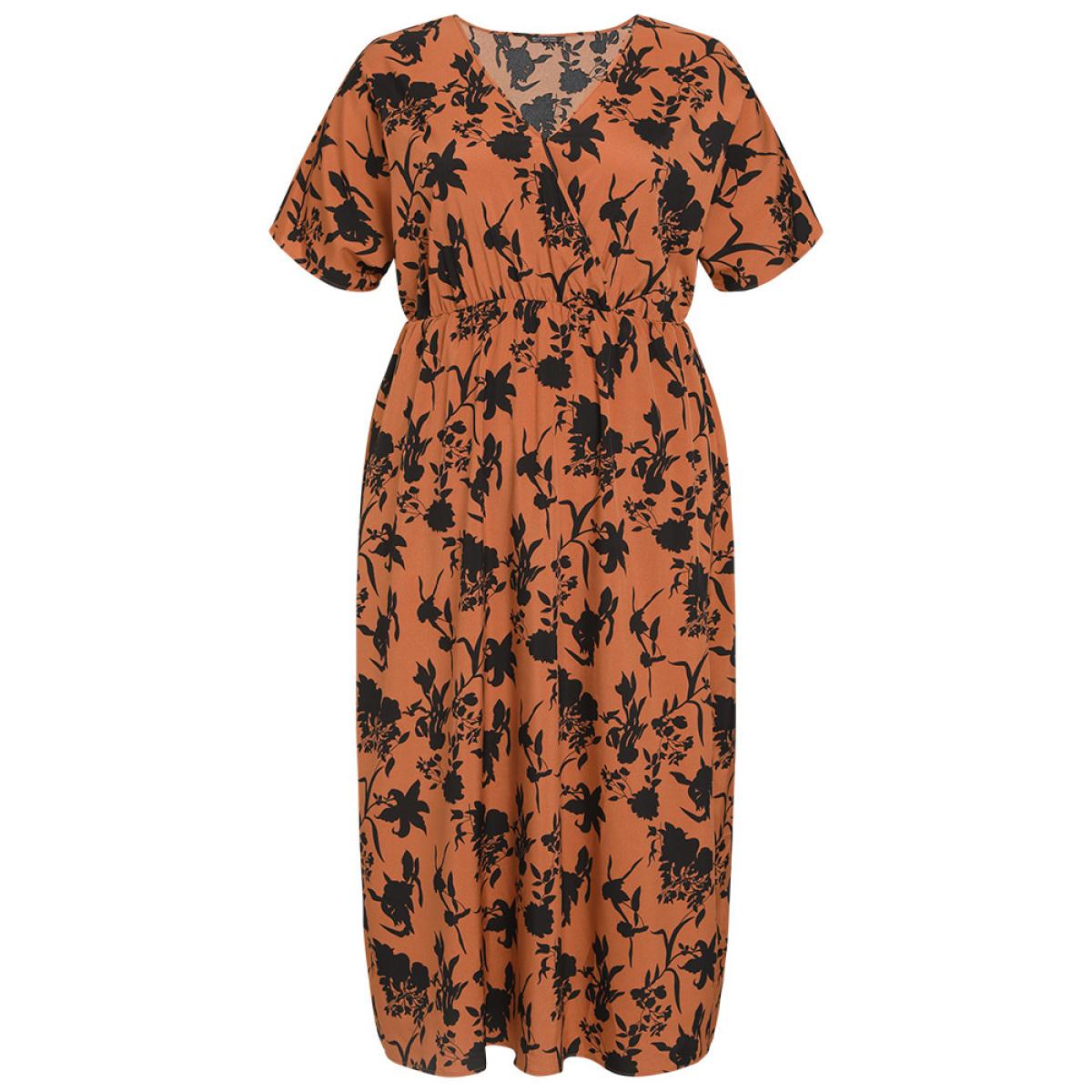 Plus Size Silhouette Floral Print Surplice Neck Elastic Waist Dress Chocolate Women Elegant Wrap V-neck Short sleeve Curvy Midi Dress BloomChic 10/M Product Image