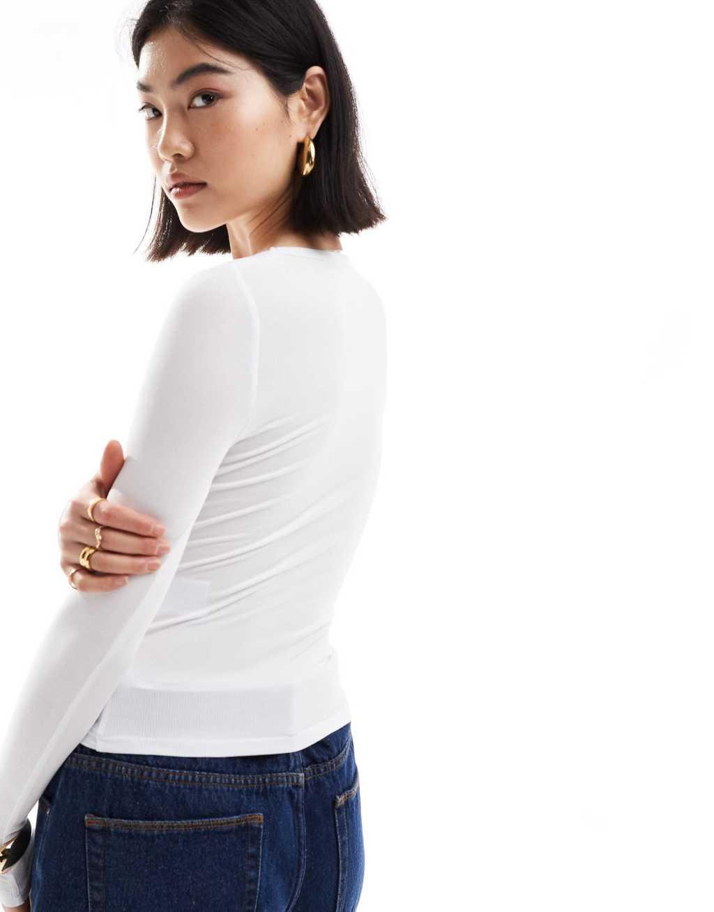 Cotton On ribbed scoop neck long sleeve top in white Product Image