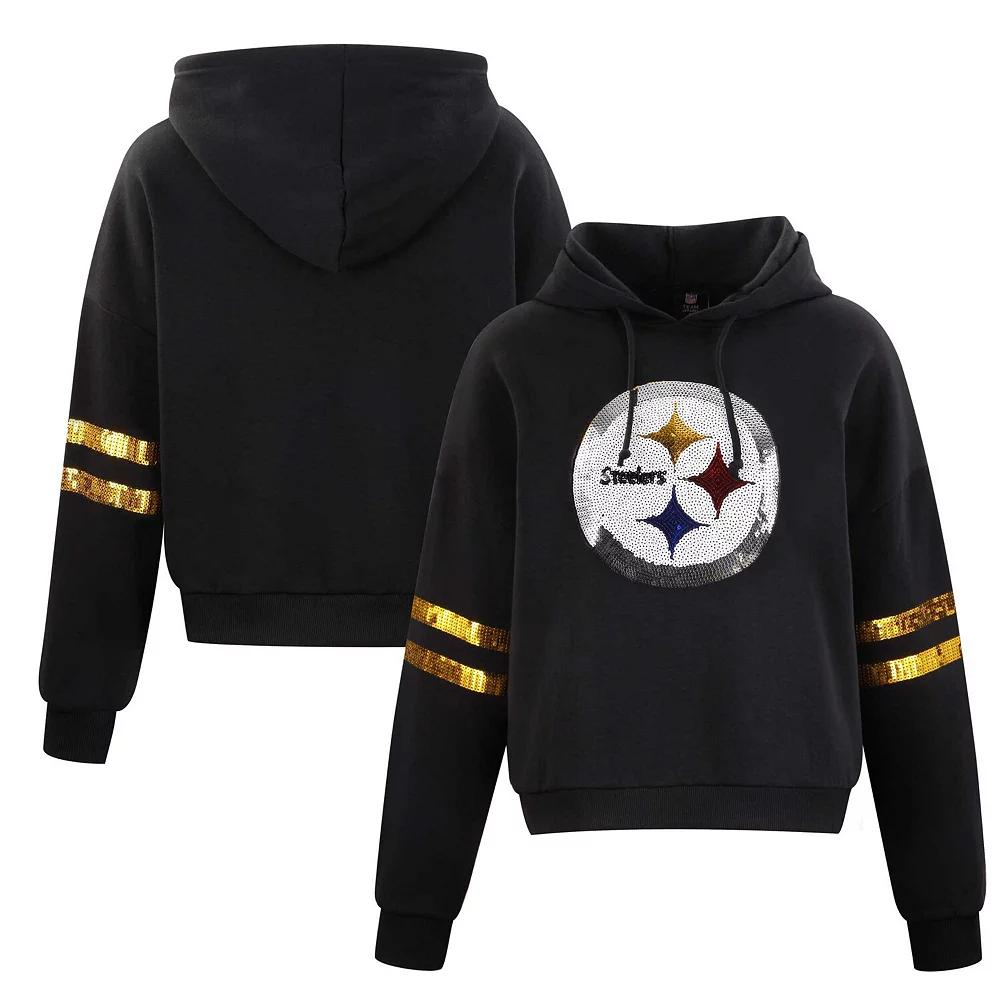 Women's Cuce Black Pittsburgh Steelers Cropped Sequins Pullover Hoodie, Size: 3XL Product Image