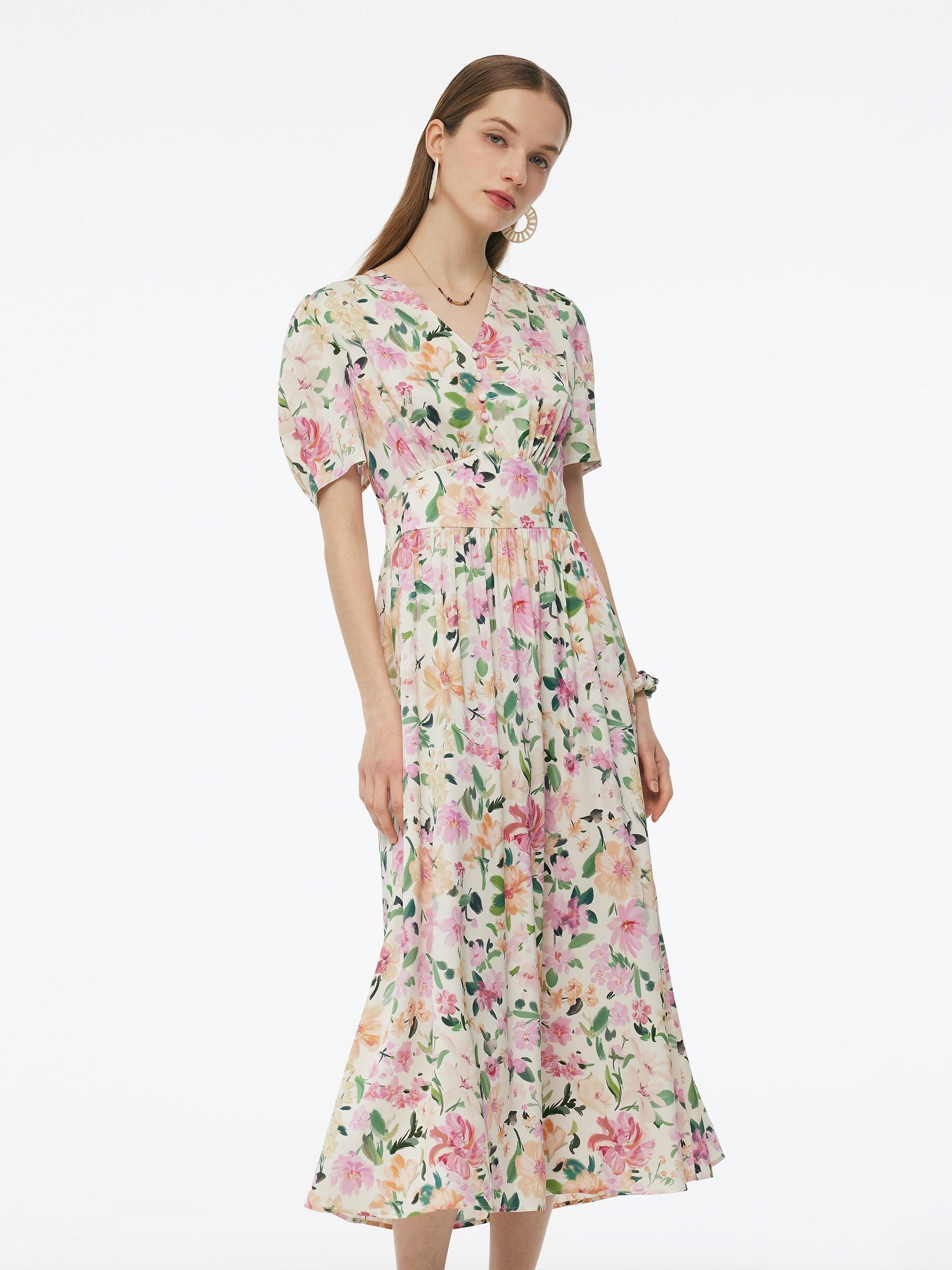 19MM Mulberry Silk Floral Print V-Neck Women Maxi Dress Product Image