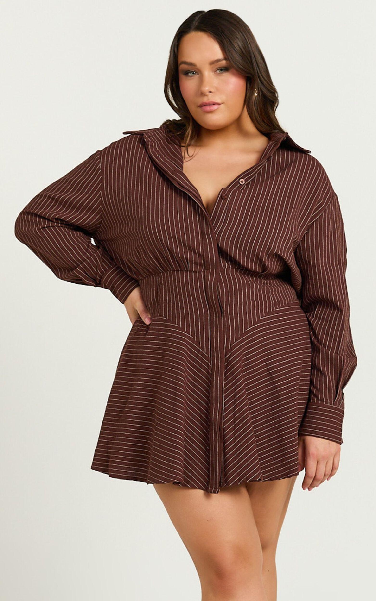 Whitney Mini Dress - Linen Long Sleeve Shirt Dress in Chocolate Pinstripe Product Image
