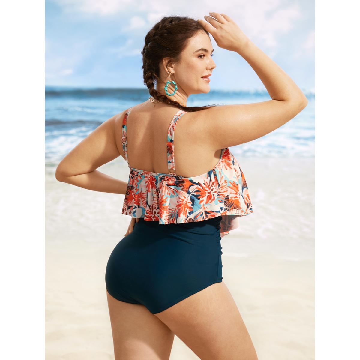 Plus Size Floral Print Tiered Ruffles One Piece Swimsuit Women's Swimwear Cyan Beach Gathered Curve Bathing Suits High stretch One Pieces BloomChic 18-20/2X Product Image