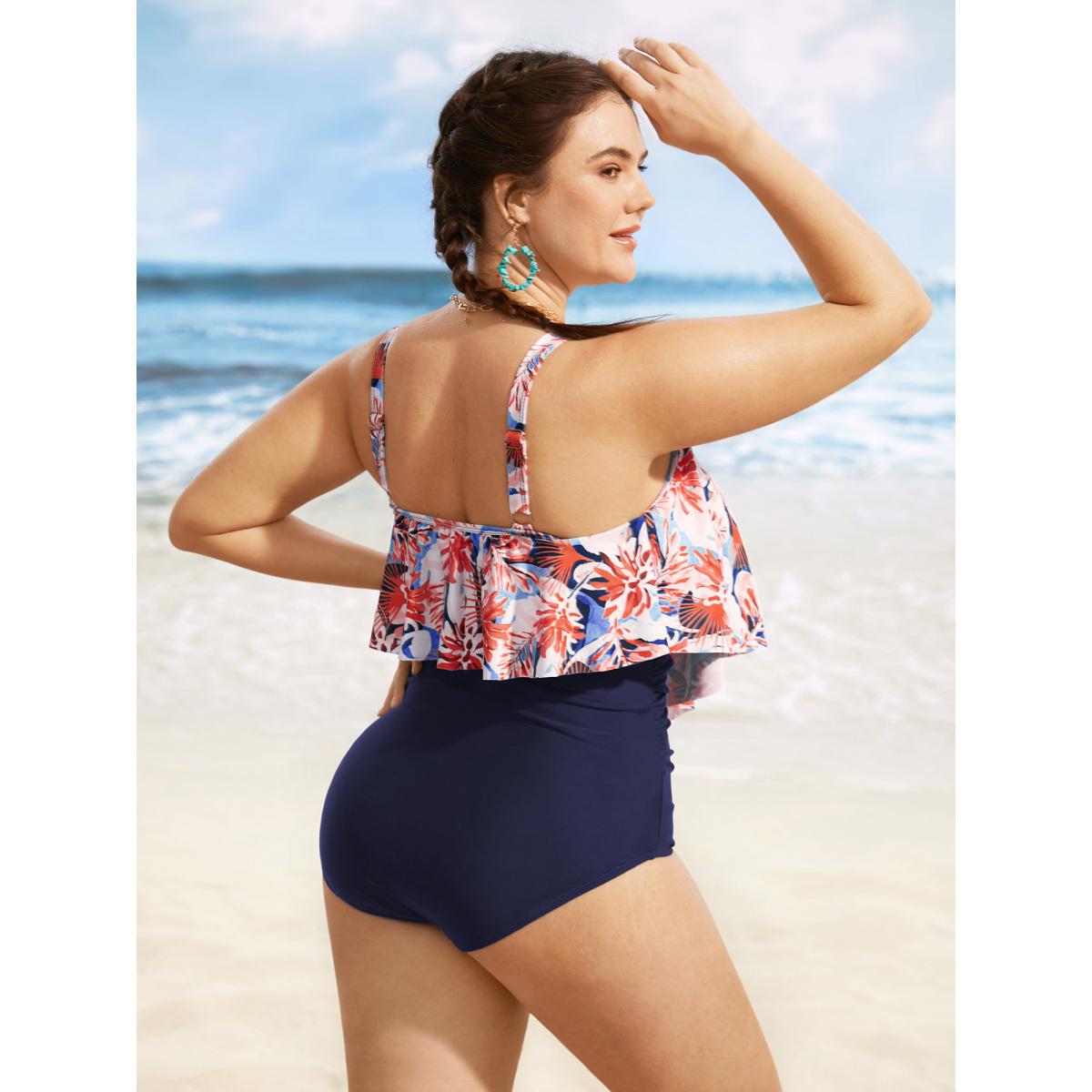 Plus Size Floral Print Tiered Ruffles One Piece Swimsuit Women's Swimwear Indigo Beach Gathered Curve Bathing Suits High stretch One Pieces BloomChic 22-24/3X Product Image