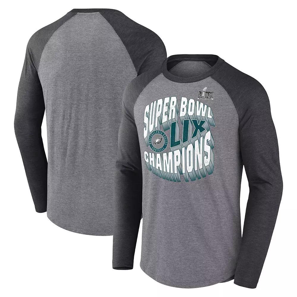 Men's Fanatics Heather Gray Philadelphia Eagles Super Bowl LIX Champions Historic Win Raglan Tri-Blend Long Sleeve T-Shirt, Size: Large, Grey Product Image