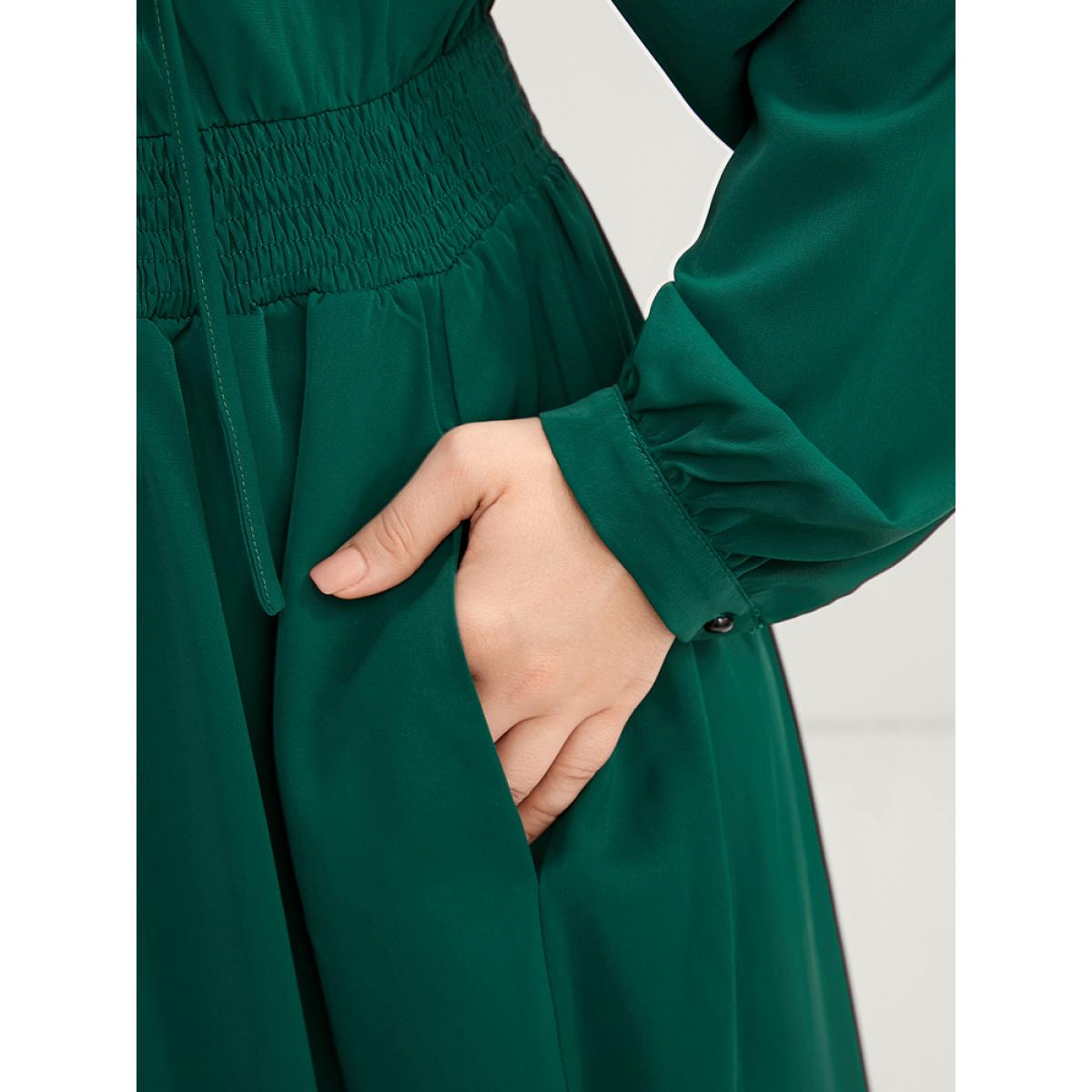 Plus Size Solid Pocket Shirred Tie V Neck Ruffle Hem Dress DarkGreen Women Elegant Cross straps V-neck Long Sleeve Curvy Midi Dress BloomChic 26/4X Product Image