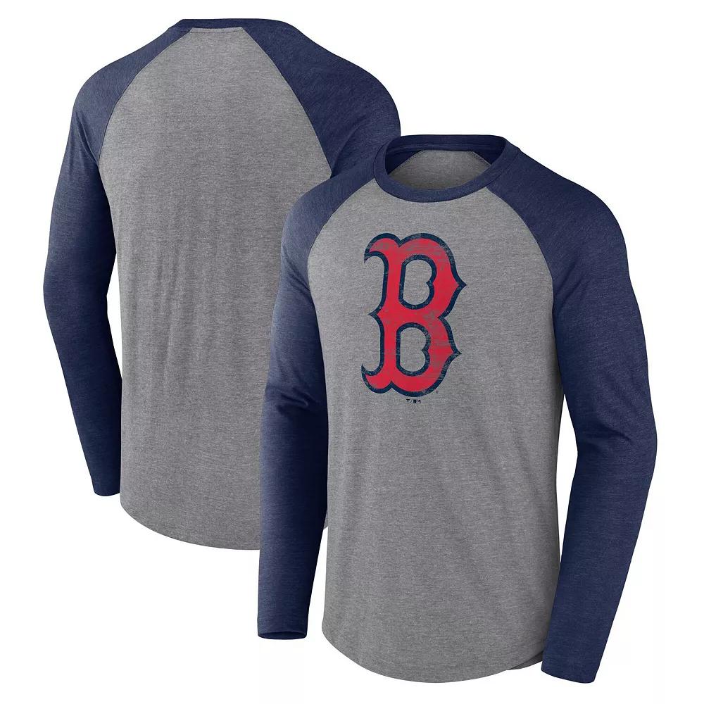 Men's Fanatics Heather Gray/Heather Navy Boston Red Sox Weathered Logo Tri-Blend Raglan Long Sleeve T-Shirt, Size: XL, Grey Product Image