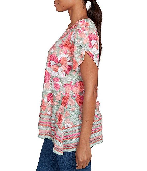 Ruby Rd. Petite Size Jersey Knit Floral Stripe Border Print Round Neck Short Sleeve Sharkbite Hem Top Product Image