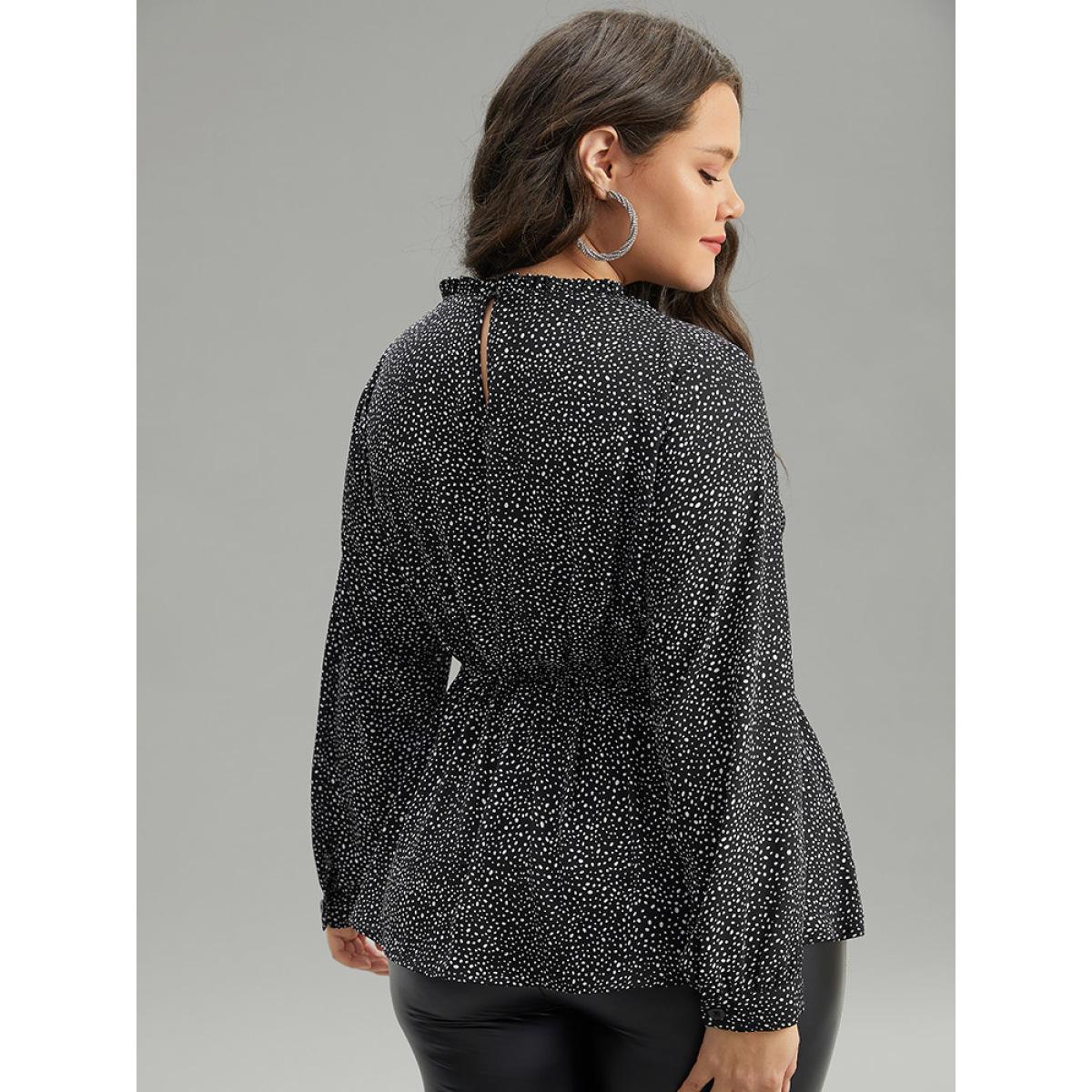 Plus Size Black Polka Dot Chiffon Frill Trim Cut Out Elastic Waist Blouse Women Office Long Sleeve Round Neck Office Blouses BloomChic 18-20/2X Product Image