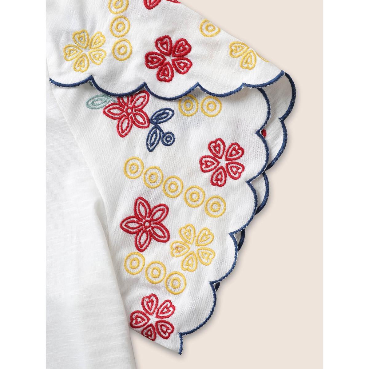 Plus Size Contrast Floral Embroidered Petal Sleeve T-shirt WhiteSmoke Women Casual Petal edge Round Neck Everyday T-shirts BloomChic 22-24/3X Product Image