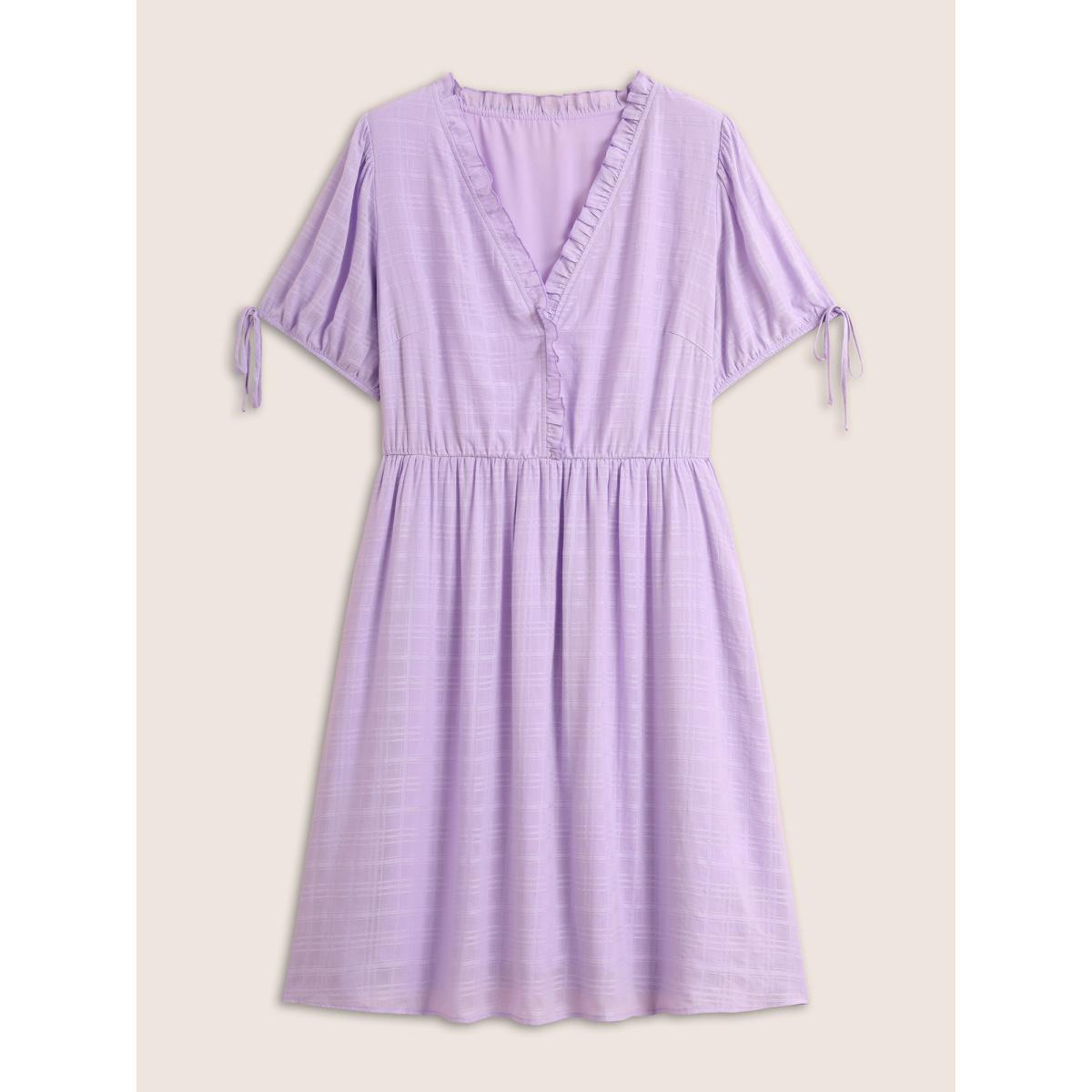 Plus Size Plaid Drawstring Puff Sleeve Frill Trim Dress Lilac Women Casual V-neck Short sleeve Curvy BloomChic 18-20/2X Product Image