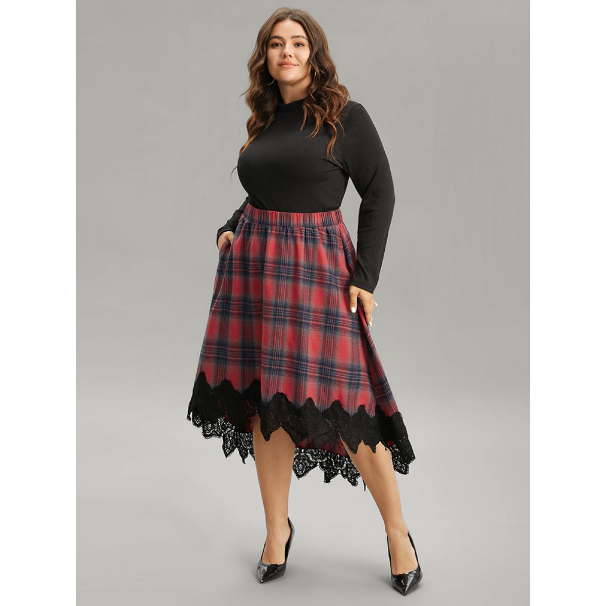 Plus Size Plaid Lace Panel Pocket High Low Hem Skirt Women Scarlet Elegant Patchwork No stretch Pocket Festival-Christmas Skirts BloomChic 12/L Product Image