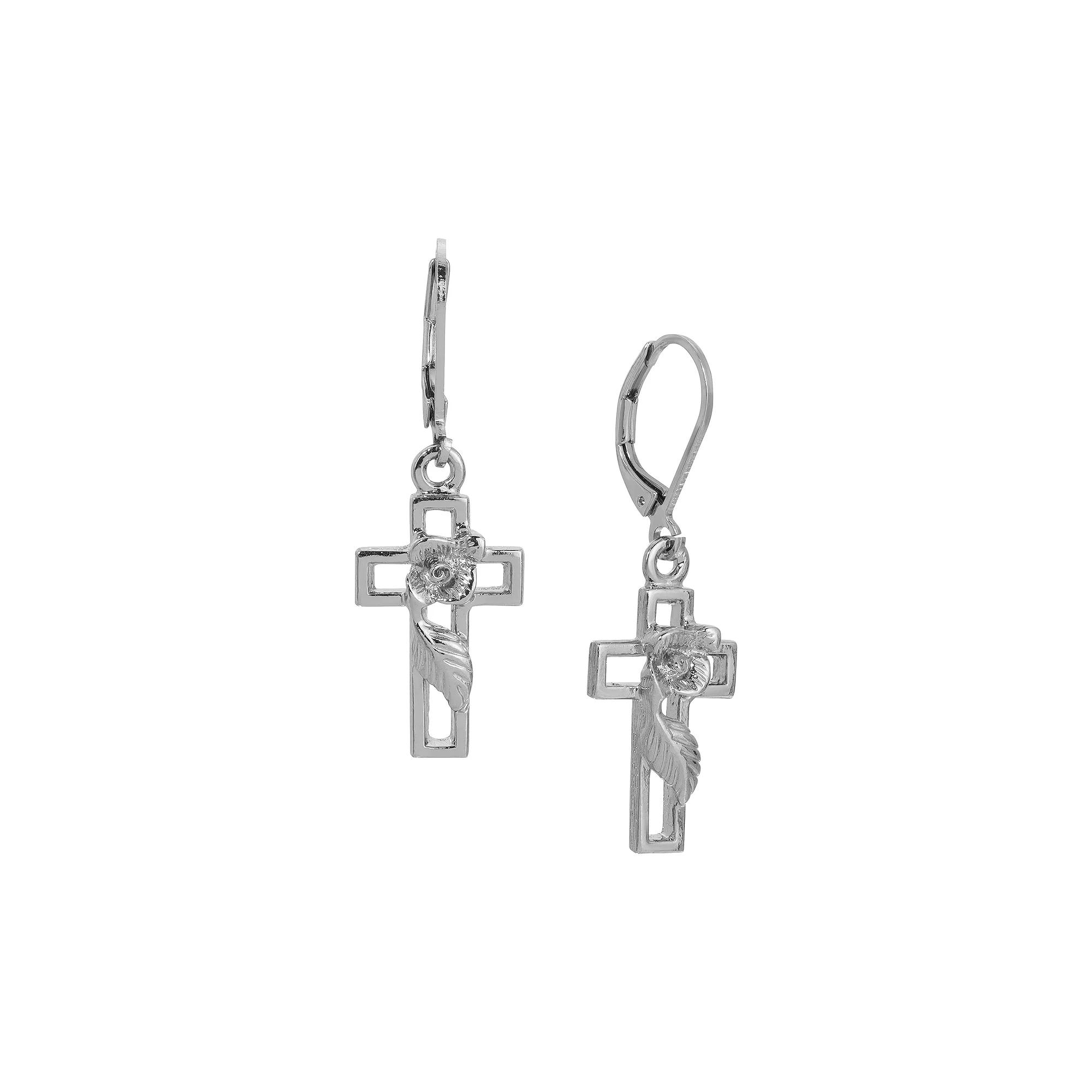 Symbols of Faith Cross and Rose Drop Earrings, Womens, Gray Product Image