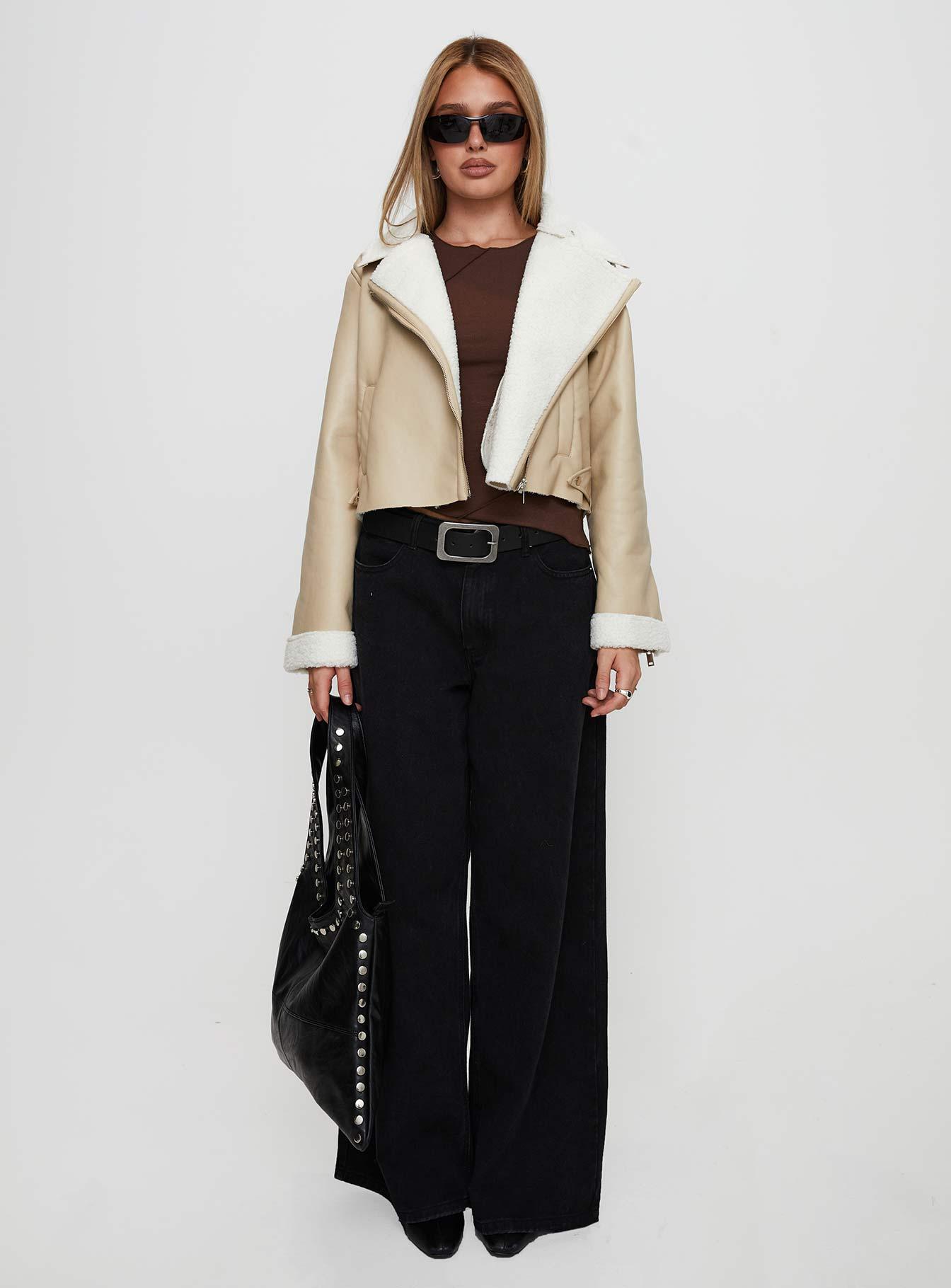 Shearling Trim Faux Leather Jacket Beige Product Image
