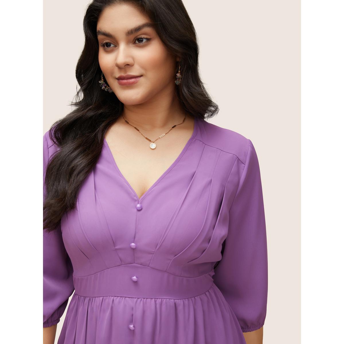 Plus Size Solid Patchwork Pleated Button Detail Dress Mauve Women At the Office Non V-neck Elbow-length sleeve Curvy Midi Dress BloomChic 30/6X Product Image