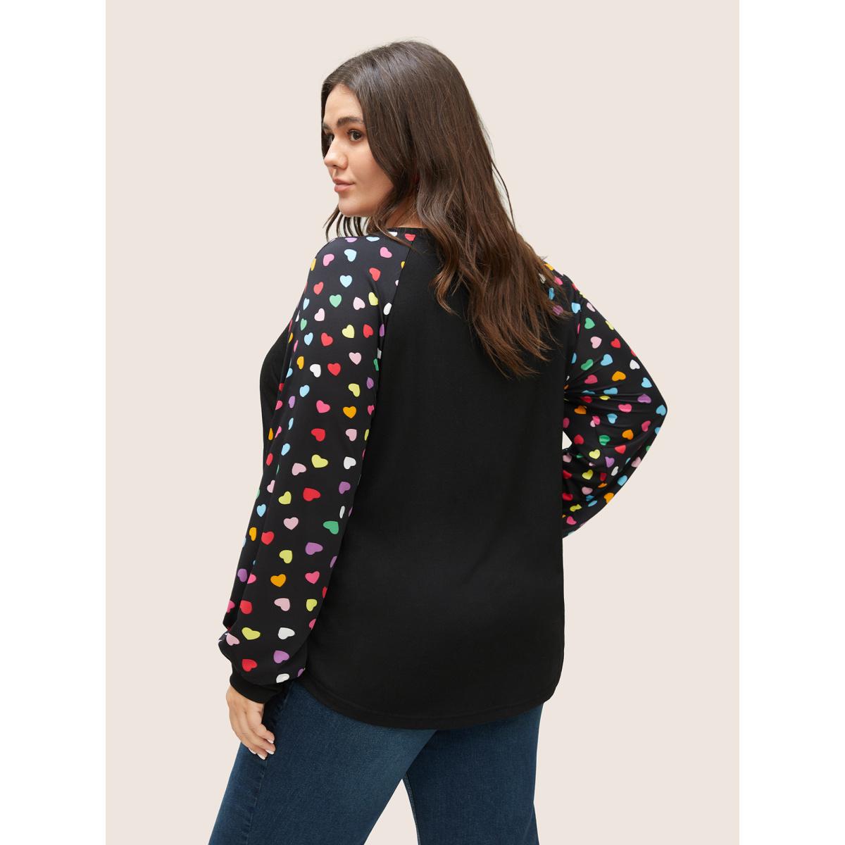 Plus Size Colour Heart Print Raglan Sleeve T-shirt Black Women Timeless Non Heart Print Round Neck Elegant T-shirts BloomChic 26/4X Product Image