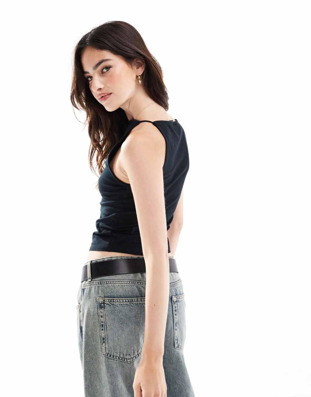 ASOS DESIGN double layer 90s boat neck strappy top in black Product Image