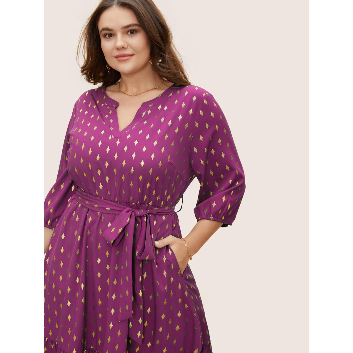 Plus Size Glitter Notched Lantern Sleeve Midi Dress Deeppurplered Women Formal Gathered Notched collar Elbow-length sleeve Curvy BloomChic 28/5X Product Image