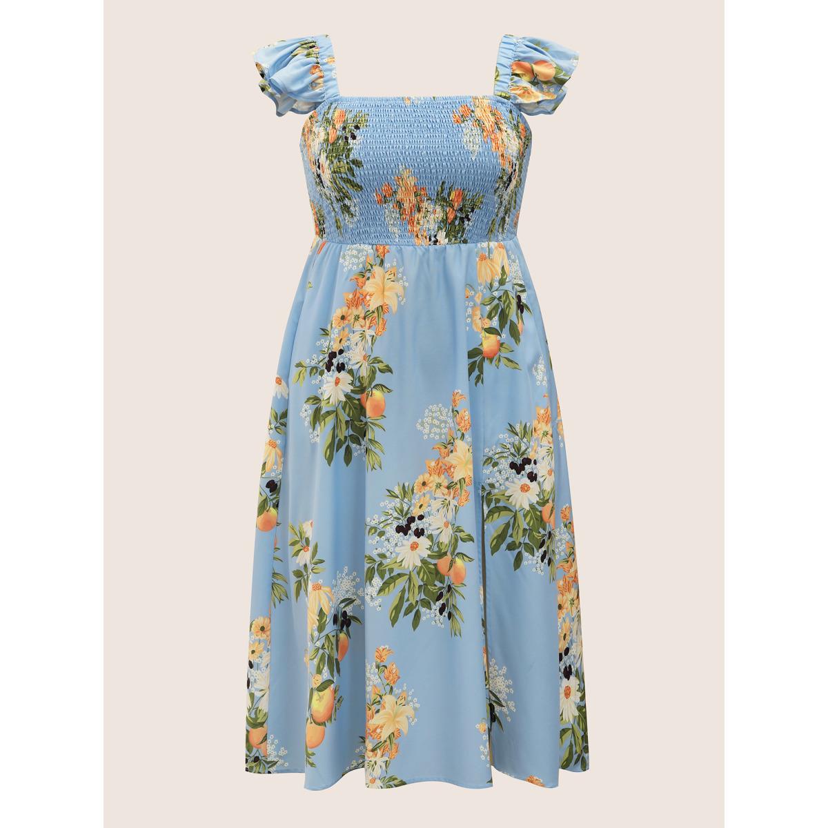 Plus Size Citrus Oranges Print Shirred Ruffle Trim Split Hem Dress Stone Women Elegant Non Square Neck Sleeveless Curvy Midi Dress BloomChic 22-24/3X Product Image