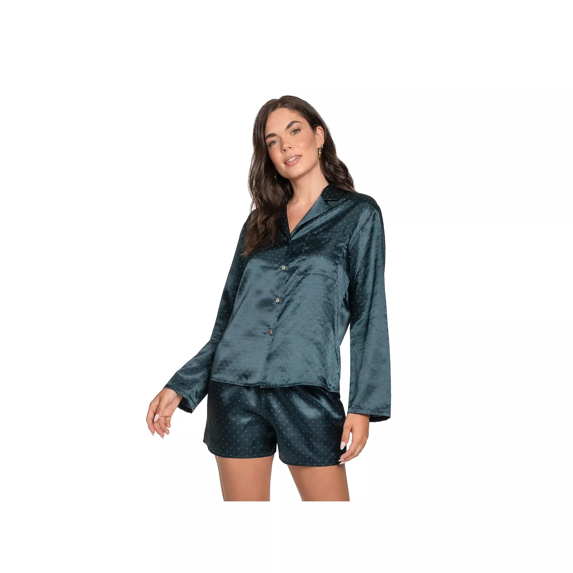 Women's Lilac+London Satin Button-Down Pajama Top & Pajama Shorts Set, Size: XXL, Green Product Image