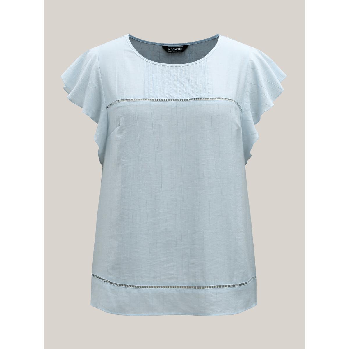 Plus Size LightBlue Supersoft Cotton Linen Blend Ruffled Blouse Women Boho Cap Sleeve Round Neck Vacation Blouses BloomChic 22-24/3X Product Image
