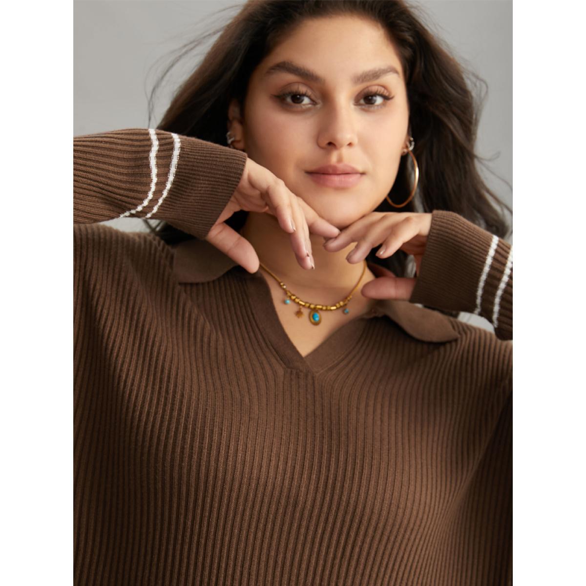 Plus Size Supersoft Essentials Polo Striped Contrast Pullover Maroon Women Casual Loose Long Sleeve Polo Dailywear Pullovers BloomChic 14-16/1X Product Image