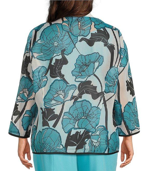 Ming Wang Plus Floral Sheer Floral Stripe Stand Collar Bracelet Sleeve Jacket Product Image