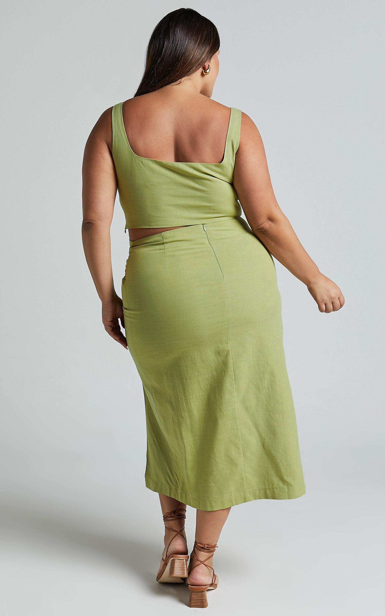 Gibson Two Piece Top and Skirt Set - Linen Crop Top and Knot Front Midi Skirt Set in Celery Product Image