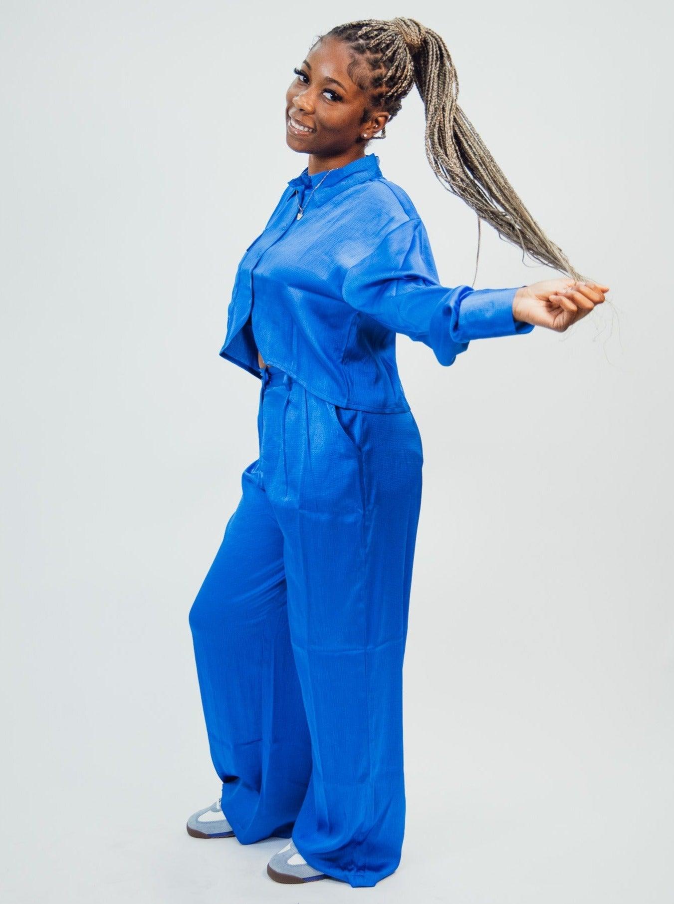 Native Youth Textured Satin Wide Leg Trousers - Blue Product Image