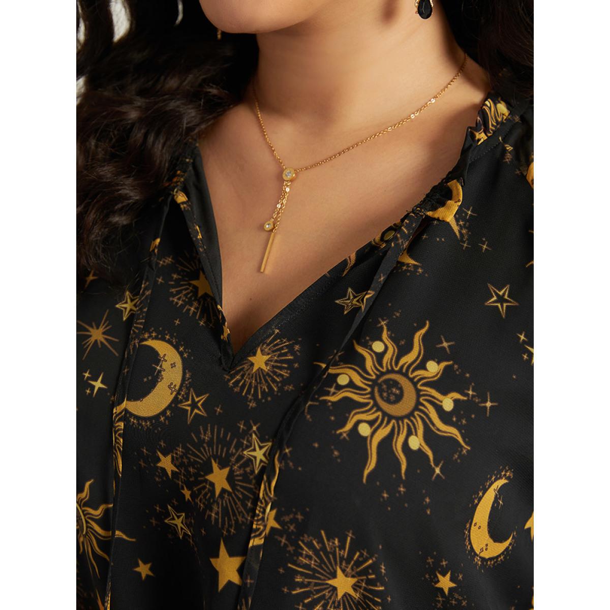 Plus Size Black Halloween Moon & Star Print Tie Neck Mesh Lantern Sleeve Blouse Women Elegant Long Sleeve Tie Neck Festival-Halloween Blouses BloomChic 22-24/3X Product Image
