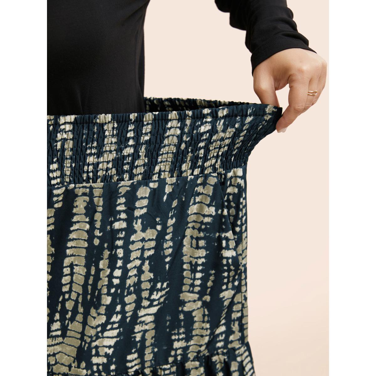 Plus Size Geometric Shirred Ruffle Layered Hem Skirt Women Indigo Casual Shirred No stretch Slanted pocket Everyday Skirts BloomChic 14-16/1X Product Image