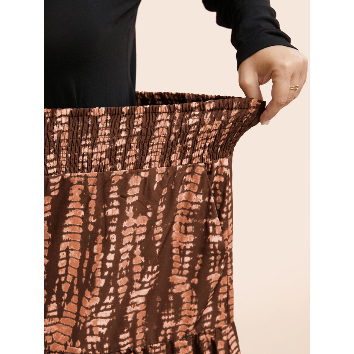 Plus Size Geometric Shirred Ruffle Layered Hem Skirt Women Browncoffeecolor Casual Shirred No stretch Slanted pocket Everyday Skirts BloomChic 28/5X Product Image