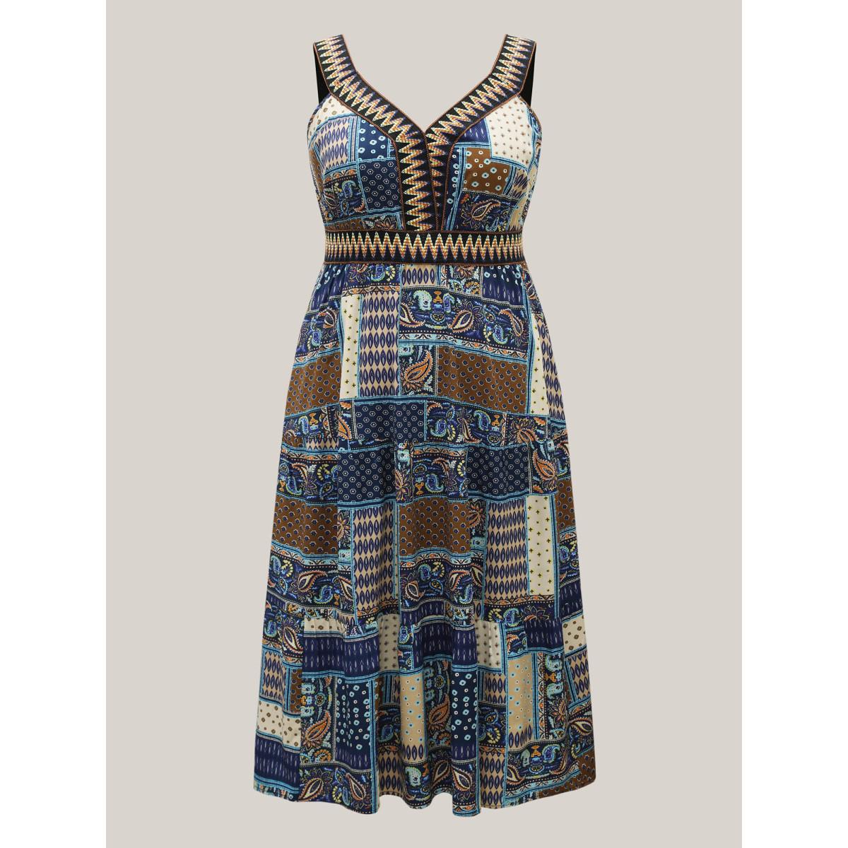 Plus Size Boho Print Webbed Neck Midi Dress Navy Women V-neck Sleeveless Curvy BloomChic 14-16/1X Product Image