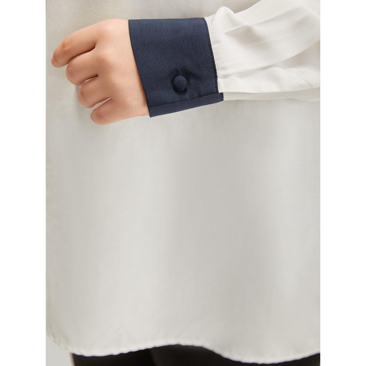 Plus Size Ivory Contrast Patchwork Plicated Button Detail Blouse Women Office Long Sleeve V-neck Work Blouses BloomChic 22-24/3X Product Image